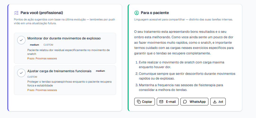 Ações para profissional e paciente na AI.Evolui